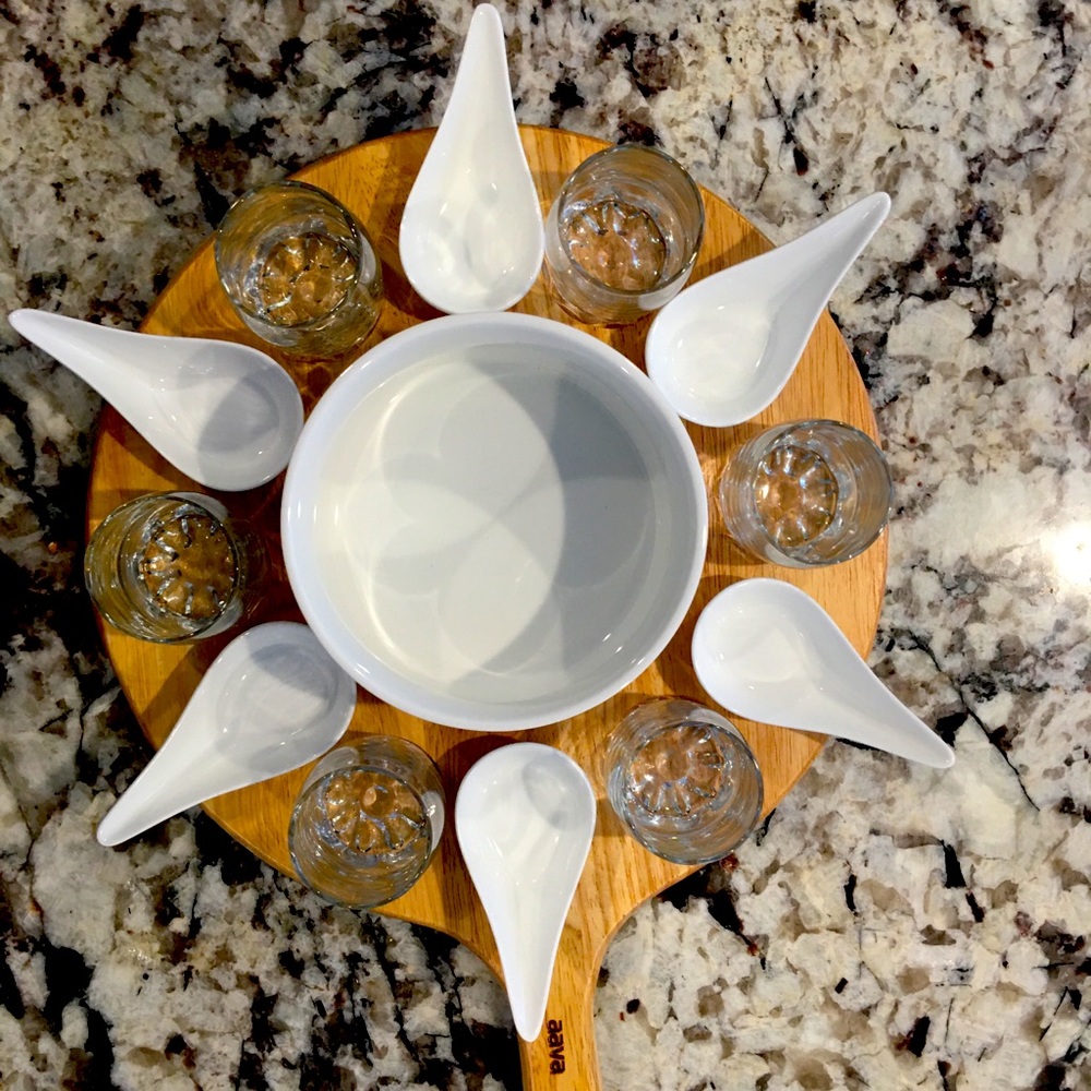 14 Piece Amuse Bouch set…never used in original box…was $329 from AAVA.